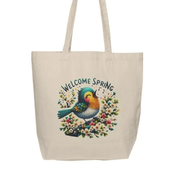 Welcome Spring Colorful Bird Custom Canvas Tote Bag - Picture 2 of 4